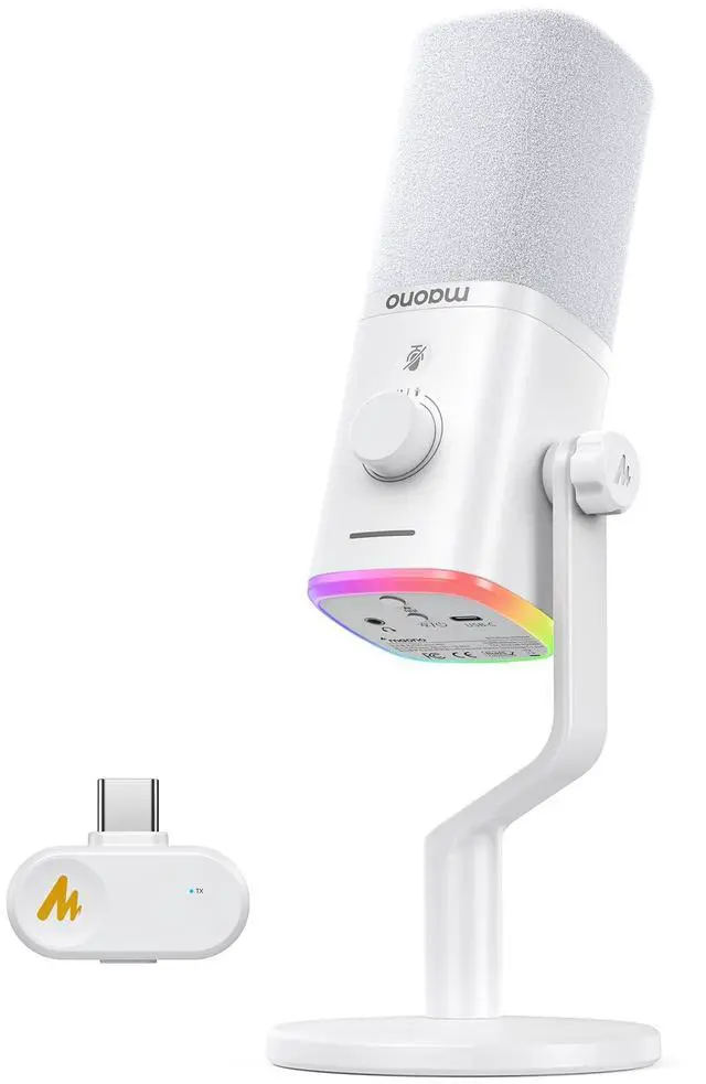 Main image of MAONO PD100W Wireless Dynamic Gaming Microphone for PC with USB-C Receiver | One-Click Noise Reduction,Custom RGB,Mute,Monitoring, Companion App,Wireless Desktop Mic for Creator, Stream, Podcast,White