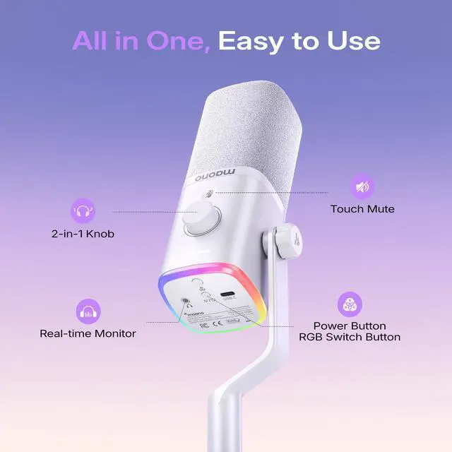 Alt view image 6 of 7 - MAONO PD100W Wireless Dynamic Gaming Microphone for PC with USB-C Receiver | One-Click Noise Reduction,Custom RGB,Mute,Monitoring, Companion App,Boom Mic Set for Game Streaming Discord Podcasting