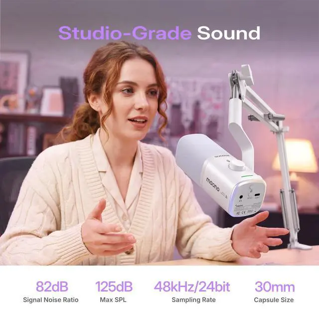 Alt view image 3 of 7 - MAONO PD100W Wireless Dynamic Gaming Microphone for PC with USB-C Receiver | One-Click Noise Reduction,Custom RGB,Mute,Monitoring, Companion App,Wireless Desktop Mic for Creator, Stream, Podcast,White