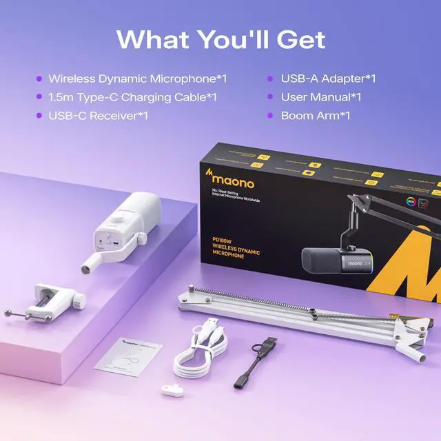Alt view image 7 of 7 - MAONO PD100W Wireless Dynamic Gaming Microphone for PC with USB-C Receiver | One-Click Noise Reduction,Custom RGB,Mute,Monitoring, Companion App,Boom Mic Set for Game Streaming Discord Podcasting