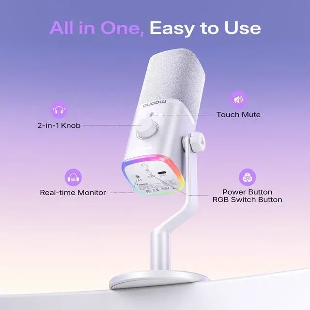 Alt view image 6 of 7 - MAONO PD100W Wireless Dynamic Gaming Microphone for PC with USB-C Receiver | One-Click Noise Reduction,Custom RGB,Mute,Monitoring, Companion App,Wireless Desktop Mic for Creator, Stream, Podcast,White