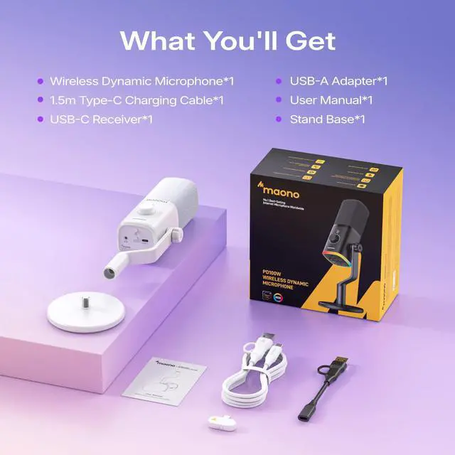Alt view image 7 of 7 - MAONO PD100W Wireless Dynamic Gaming Microphone for PC with USB-C Receiver | One-Click Noise Reduction,Custom RGB,Mute,Monitoring, Companion App,Wireless Desktop Mic for Creator, Stream, Podcast,White