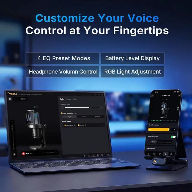 Alt view image 5 of 7 - MAONO DGM20W Wireless Gaming Microphone for PC & Smartphones | USB-C Receiver, Clear Voice, Noise Reduction, Software Control, Custom RGB, Mute, Desk Stand, for Creators, Discord Streaming