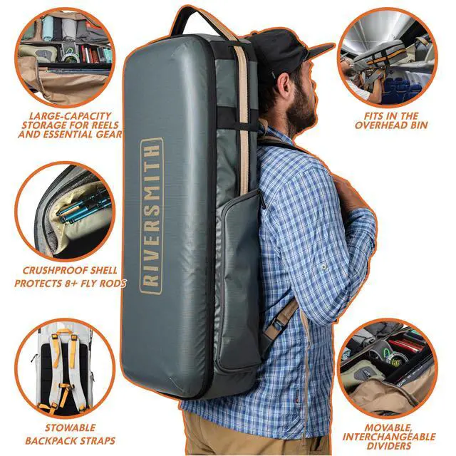 Alt view image 2 of 7 - Carry On Fly Rod Case & Reel Storage Travel Pack Fly Fishing Travel Bag Backpack, Fits 8+ Rods, Overhead Bin Compatible Fishing Travel Luggage Gray Cadmium