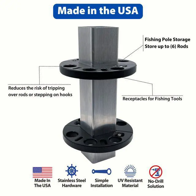 Alt view image 2 of 7 - Fishing Rod Storage No Drill Easy Install, Stores & Organizes up to 6 Rods, Heavy Duty, UV-Resistant, Durable Design, Made in USA Fits a 3" Square Post
