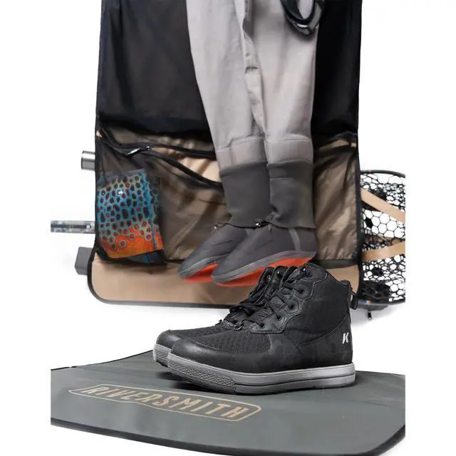 Alt view image 6 of 7 - Fly Fishing Wader & Boot Bag Gear-Roll Wader Bag with Changing Mat, Waterproof Pocket, Rod & Net Storage Fly Fishing Gear Organizer Gray Cadmium