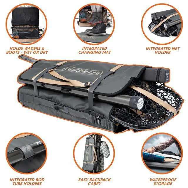 Alt view image 2 of 7 - Fly Fishing Wader & Boot Bag Gear-Roll Wader Bag with Changing Mat, Waterproof Pocket, Rod & Net Storage Fly Fishing Gear Organizer Gray Cadmium