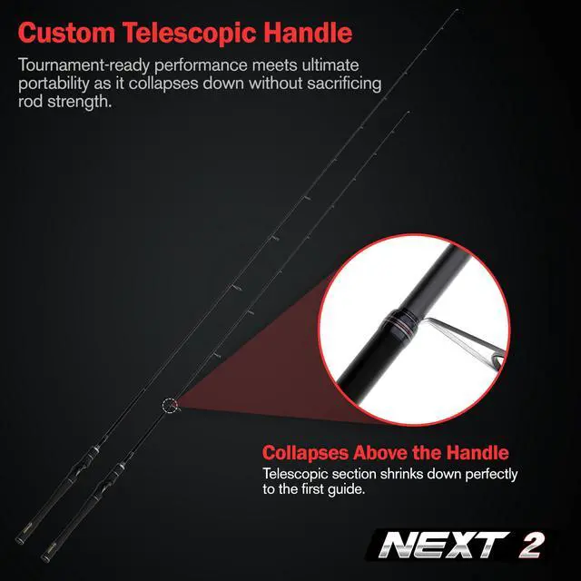 Alt view image 2 of 6 - Next 2 Telescopic Freshwater Bass Fishing Rod, 7'10" Spinning | 7102S Fishing Pole, Ultra-Finesse, Hair Jig, Spy Bait & FFS, 5-10 lb, 1/20-1/2 oz, Carbon Fiber Grips, Sea Guide XO Guides