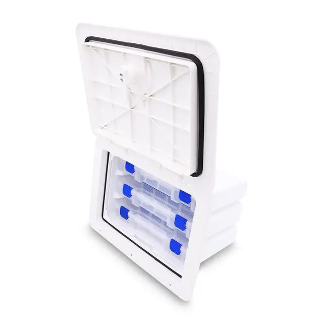 Alt view image 2 of 6 - Sure-Seal Tackle Box Boat Access Hatch - Deck Compartment Includes 3 Plano Lure Trays - Dual Seals Offer Watertight Fit - 11" x 15", Polar White