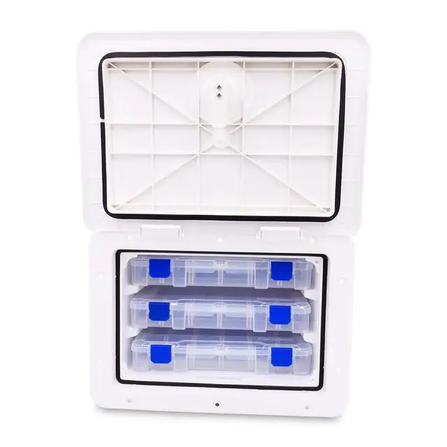 Alt view image 5 of 6 - Sure-Seal Tackle Box Boat Access Hatch - Deck Compartment Includes 3 Plano Lure Trays - Dual Seals Offer Watertight Fit - 11" x 15", Polar White