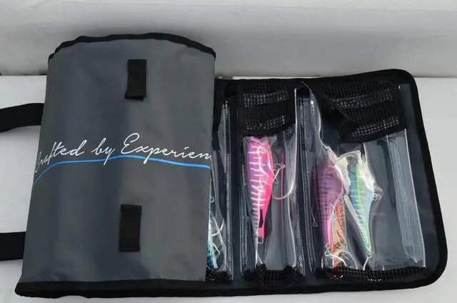 Alt view image 4 of 7 - Lure Roll - Large Size with 10 Pockets Respectively, Portable Waterproof Tarpaulin Fish Lure Bag - Heavy Duty PVC Window, Mesh Cleaning & Drying Tabs