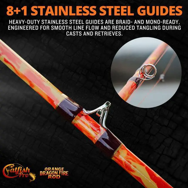 Alt view image 5 of 7 - Orange Dragon Fire Glow Rod 76 One-Piece Spinning or Casting, M, MH, H Action, Sun-Activated Glow-in-the-Dark Rod, Anti-Slip Super Grip Handle, Stainless Steel Guides, Aluminum Reel Seat