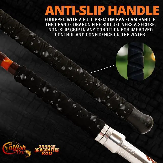 Alt view image 6 of 7 - Orange Dragon Fire Glow Rod 76 One-Piece Spinning or Casting, M, MH, H Action, Sun-Activated Glow-in-the-Dark Rod, Anti-Slip Super Grip Handle, Stainless Steel Guides, Aluminum Reel Seat