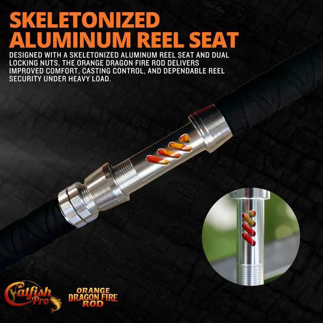 Alt view image 7 of 7 - Orange Dragon Fire Glow Rod 76 One-Piece Spinning or Casting, M, MH, H Action, Sun-Activated Glow-in-the-Dark Rod, Anti-Slip Super Grip Handle, Stainless Steel Guides, Aluminum Reel Seat