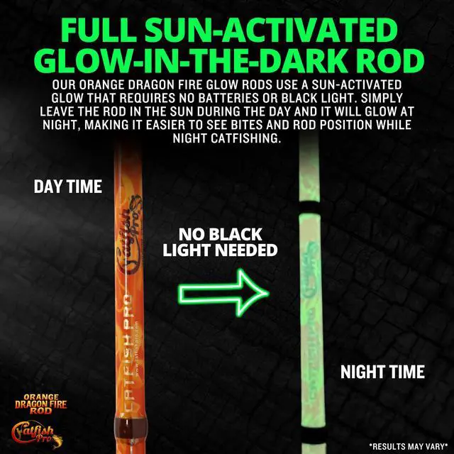 Alt view image 3 of 7 - Orange Dragon Fire Glow Rod 76 One-Piece Spinning or Casting, M, MH, H Action, Sun-Activated Glow-in-the-Dark Rod, Anti-Slip Super Grip Handle, Stainless Steel Guides, Aluminum Reel Seat
