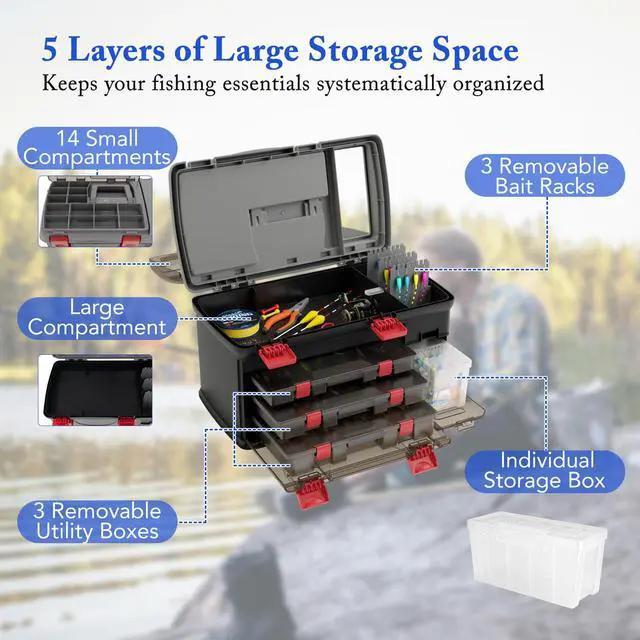 Alt view image 2 of 7 - 5 Layers Tackle Box, Fishing Tackle Box Organizer with Top Storage, 3 Removable Utility Boxes & Adjustable Dividers, Tackle Storage Box Portable Tool Box for Fishing