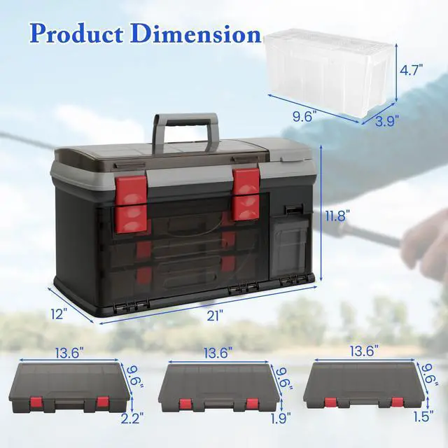 Alt view image 6 of 7 - 5 Layers Tackle Box, Fishing Tackle Box Organizer with Top Storage, 3 Removable Utility Boxes & Adjustable Dividers, Tackle Storage Box Portable Tool Box for Fishing