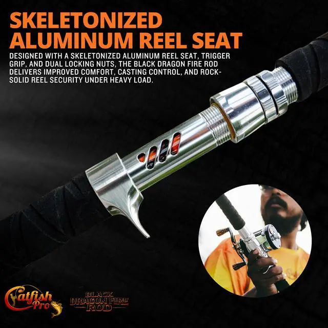 Alt view image 6 of 7 - Black Dragon Fire Glow Rod 7'6" One-Piece Spinning or Casting, M, MH, H Action, Sun-Activated Glow-in-the-Dark Rod, Anti-Slip Super Grip Handle, Stainless Steel Guides, Aluminum Reel Seat