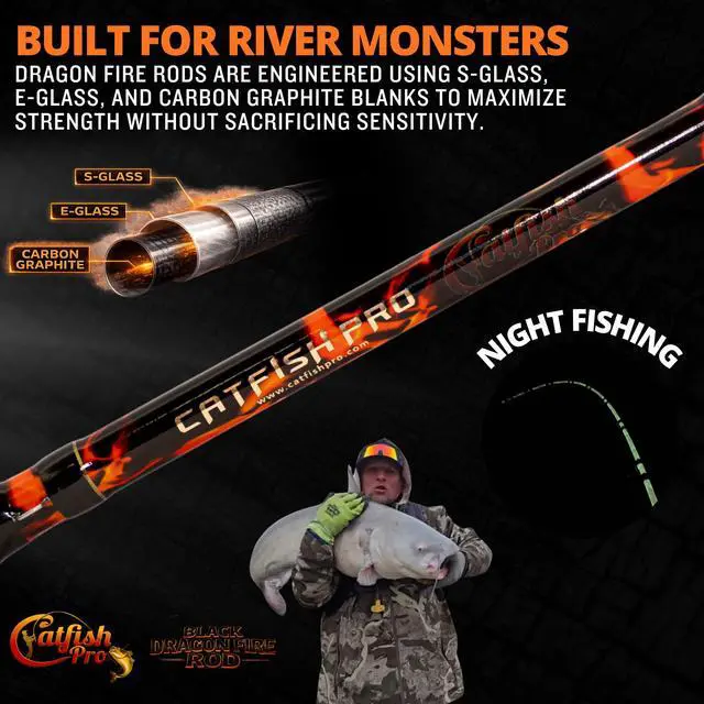 Alt view image 4 of 7 - Black Dragon Fire Glow Rod 7'6" One-Piece Spinning or Casting, M, MH, H Action, Sun-Activated Glow-in-the-Dark Rod, Anti-Slip Super Grip Handle, Stainless Steel Guides, Aluminum Reel Seat