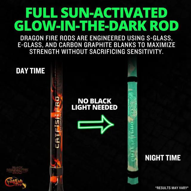 Alt view image 3 of 7 - Black Dragon Fire Glow Rod 7'6" One-Piece Spinning or Casting, M, MH, H Action, Sun-Activated Glow-in-the-Dark Rod, Anti-Slip Super Grip Handle, Stainless Steel Guides, Aluminum Reel Seat