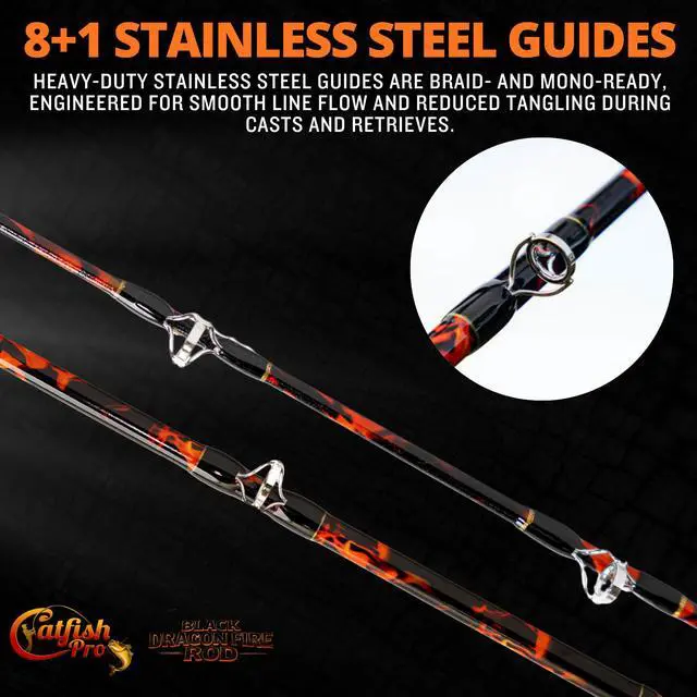Alt view image 5 of 7 - Black Dragon Fire Glow Rod 7'6" One-Piece Spinning or Casting, M, MH, H Action, Sun-Activated Glow-in-the-Dark Rod, Anti-Slip Super Grip Handle, Stainless Steel Guides, Aluminum Reel Seat