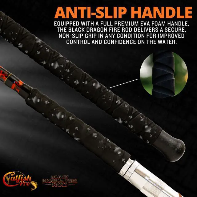 Alt view image 6 of 7 - Black Dragon Fire Glow Rod 7'6" One-Piece Spinning or Casting, M, MH, H Action, Sun-Activated Glow-in-the-Dark Rod, Anti-Slip Super Grip Handle, Stainless Steel Guides, Aluminum Reel Seat