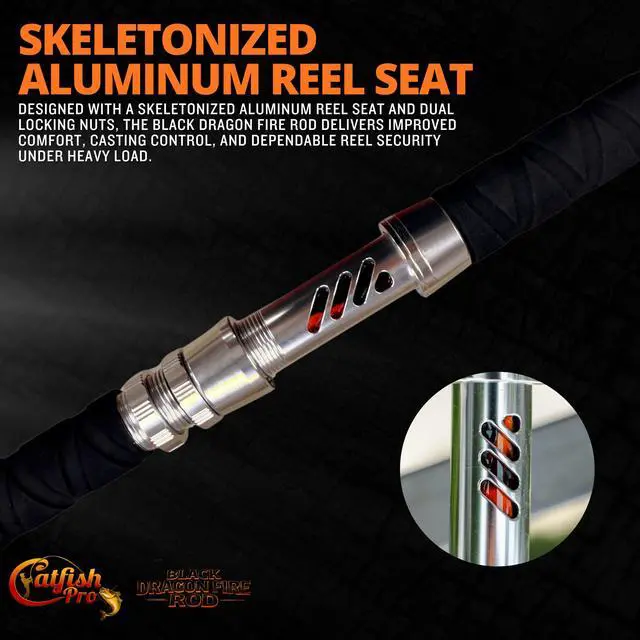 Alt view image 7 of 7 - Black Dragon Fire Glow Rod 7'6" One-Piece Spinning or Casting, M, MH, H Action, Sun-Activated Glow-in-the-Dark Rod, Anti-Slip Super Grip Handle, Stainless Steel Guides, Aluminum Reel Seat