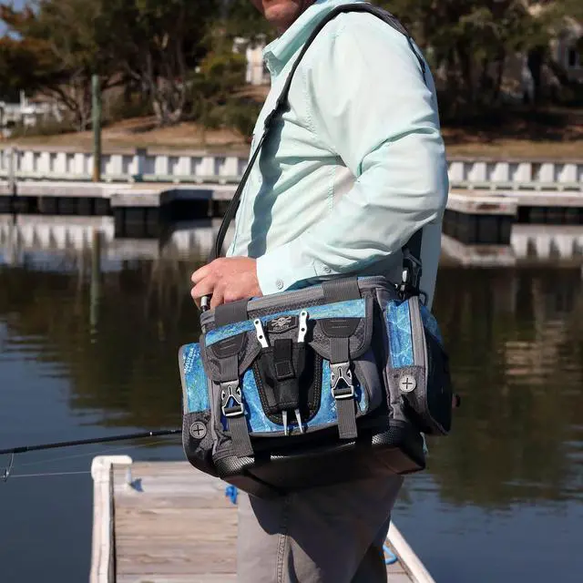 Alt view image 7 of 7 - Squall Tackle Bag | Mossy Oak Shoreline Pattern | 4 3600 Tackle Boxes | Durable Fishing Tackle Bag | Removable Shoulder Strap | External Storage Pockets