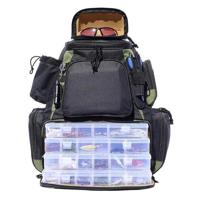 Alt view image 2 of 7 - Fishing Backpack, Fits 4 Large Tackle Boxes MOLLE Webbing Rod Holder Waterproof Cover, Includes Pliers Flashlight