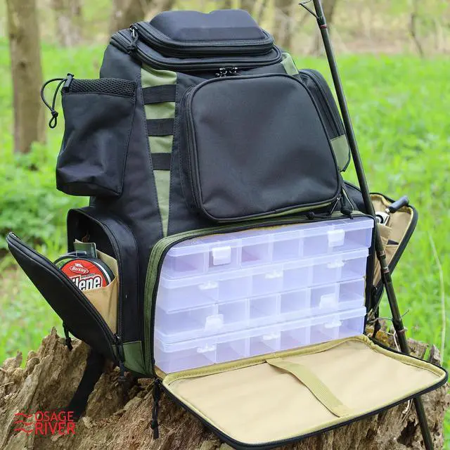 Alt view image 7 of 7 - Fishing Backpack, Fits 4 Large Tackle Boxes MOLLE Webbing Rod Holder Waterproof Cover, Includes Pliers Flashlight