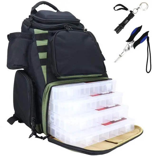 Main image of Fishing Backpack, Fits 4 Large Tackle Boxes MOLLE Webbing Rod Holder Waterproof Cover, Includes Pliers Flashlight