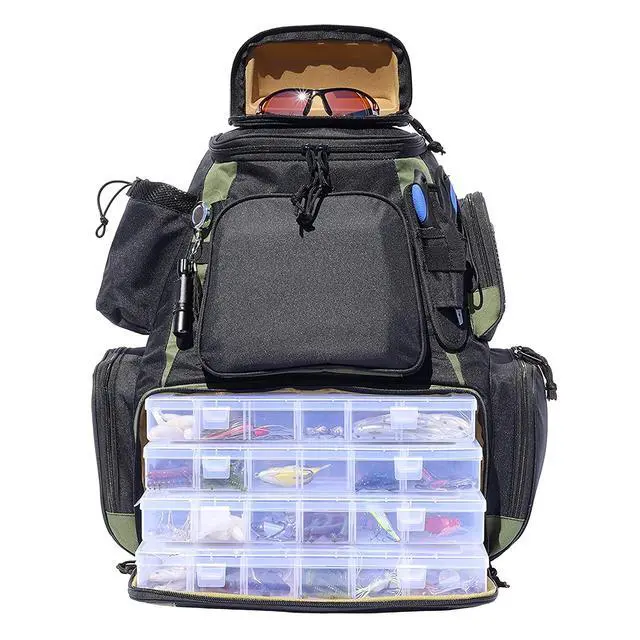 Alt view image 2 of 6 - Fishing Backpack, Fits 4 Large Tackle Boxes MOLLE Webbing Rod Holder Waterproof Cover, Includes Pliers Flashlight