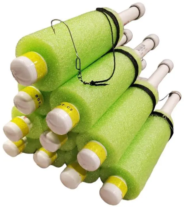 Main image of Tilt Fishing Jugs with Weight Rhodes Jugs 10 Pack - Ready to go Catfish Jugs 7ft line - Made in USA Lime, Red, Blue, Orange, White, Yellow - Hi Visibility Reflective Tape
