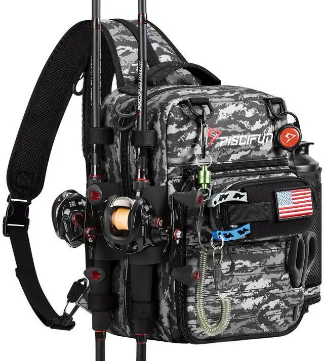 Main image of Fishing Tackle Backpack, 3-Way Carry with Rod Holders | 16 smart pockets, 2 rod holders, Rain cover, Breathable back support, Convertible sling/waist/backpack carry