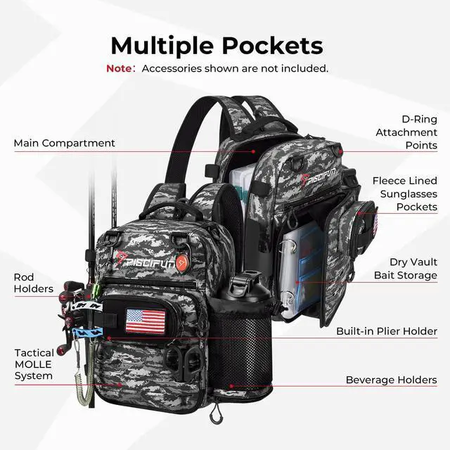 Alt view image 5 of 7 - Fishing Tackle Backpack, 3-Way Carry with Rod Holders | 16 smart pockets, 2 rod holders, Rain cover, Breathable back support, Convertible sling/waist/backpack carry