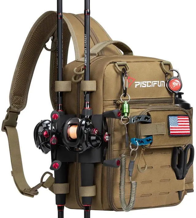 Main image of Fishing Tackle Backpack, 3-Way Carry with Rod Holders | 16 smart pockets, 2 rod holders, Rain cover, Breathable back support, Convertible sling/waist/backpack carry