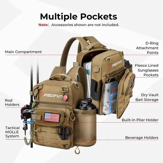 Alt view image 3 of 7 - Fishing Tackle Backpack, 3-Way Carry with Rod Holders | 16 smart pockets, 2 rod holders, Rain cover, Breathable back support, Convertible sling/waist/backpack carry