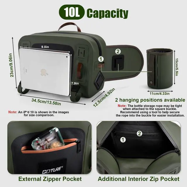 Alt view image 4 of 7 - Waterproof Fishing Waist Pack,IPX8 840D TPU Large Tackle Bags with Rod Holder,Airtight Zipper,Detachable Water Bottle Holder, 10L Fly Fishing Bag with Adjustable Strap, Wader Bag Included