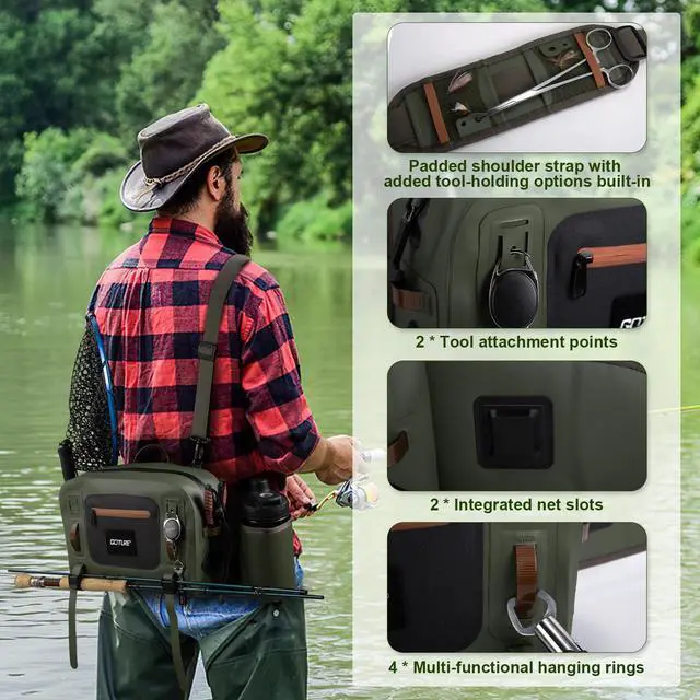 Alt view image 5 of 7 - Waterproof Fishing Waist Pack,IPX8 840D TPU Large Tackle Bags with Rod Holder,Airtight Zipper,Detachable Water Bottle Holder, 10L Fly Fishing Bag with Adjustable Strap, Wader Bag Included