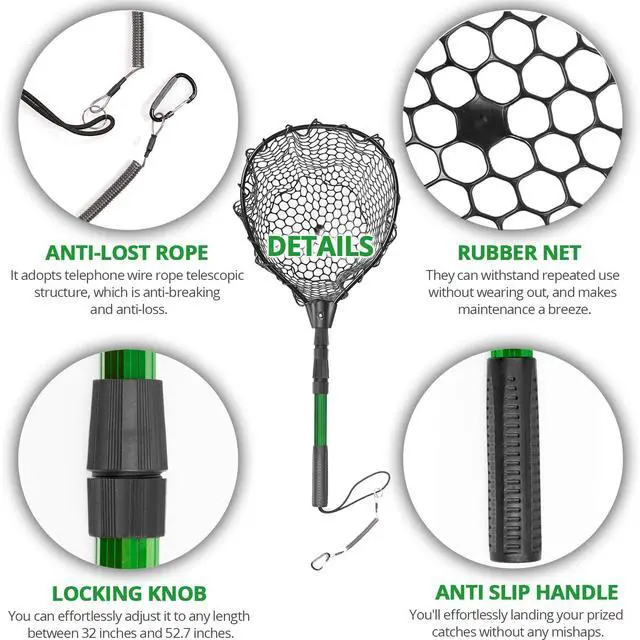 Alt view image 4 of 6 - Rubber Fishing Net with Telescoping Handle - High Strength Landing Net for Fishing with Soft Rubber Netting, Two Sizes Options
