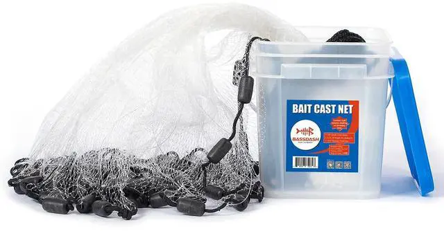 Main image of American Saltwater Fishing Cast Net 3/8 1/4-Inch Mesh 4ft 6ft 8ft Radius, 1-Pound Per Foot, for Bait Fish with Utility Bucket Casting