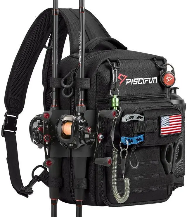 Main image of Fishing Tackle Backpack, 3-Way Carry with Rod Holders | 16 smart pockets, 2 rod holders, Rain cover, Breathable back support, Convertible sling/waist/backpack carry