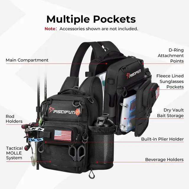 Alt view image 5 of 7 - Fishing Tackle Backpack, 3-Way Carry with Rod Holders | 16 smart pockets, 2 rod holders, Rain cover, Breathable back support, Convertible sling/waist/backpack carry