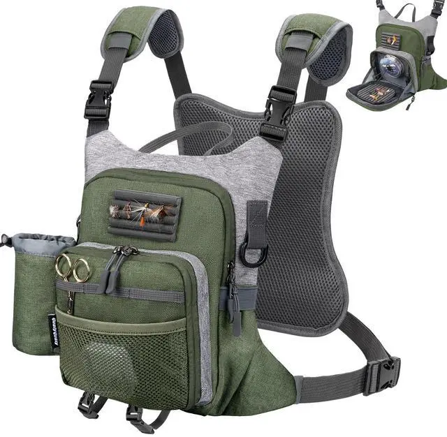 Main image of QulayQualy Fly Fishing Pack - Chest Pack with Work Station Lightweight Tackle Fishing Bag with Quick-Release (Green, L-12'' w/Cup Sleeve)