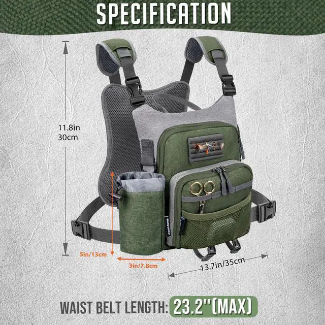 Alt view image 2 of 7 - QulayQualy Fly Fishing Pack - Chest Pack with Work Station Lightweight Tackle Fishing Bag with Quick-Release (Green, L-12'' w/Cup Sleeve)