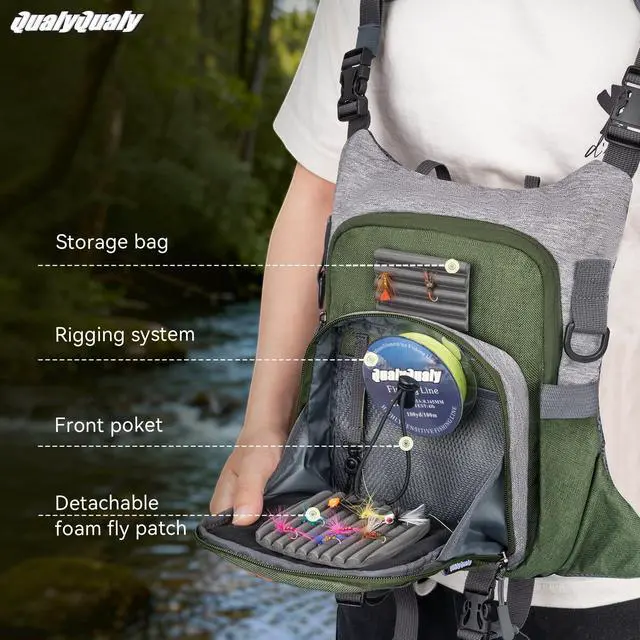 Alt view image 3 of 7 - QulayQualy Fly Fishing Pack - Chest Pack with Work Station Lightweight Tackle Fishing Bag with Quick-Release (Green, L-12'' w/Cup Sleeve)