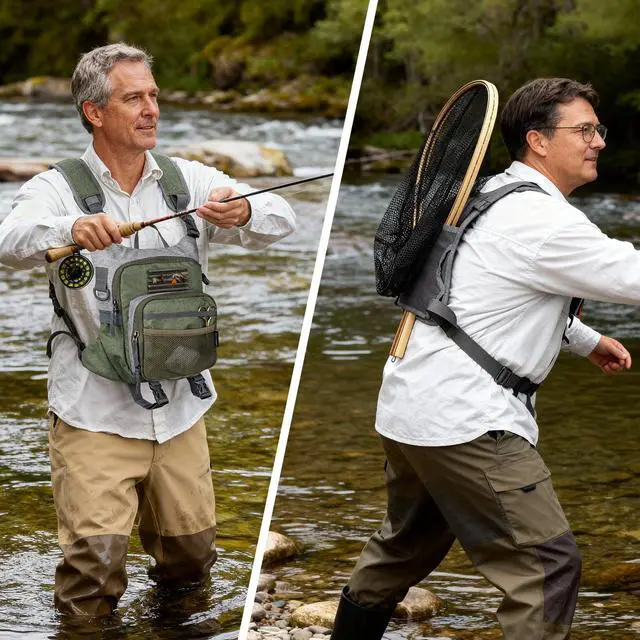 Alt view image 5 of 7 - QulayQualy Fly Fishing Pack - Chest Pack with Work Station Lightweight Tackle Fishing Bag with Quick-Release (Green, L-12'' w/Cup Sleeve)