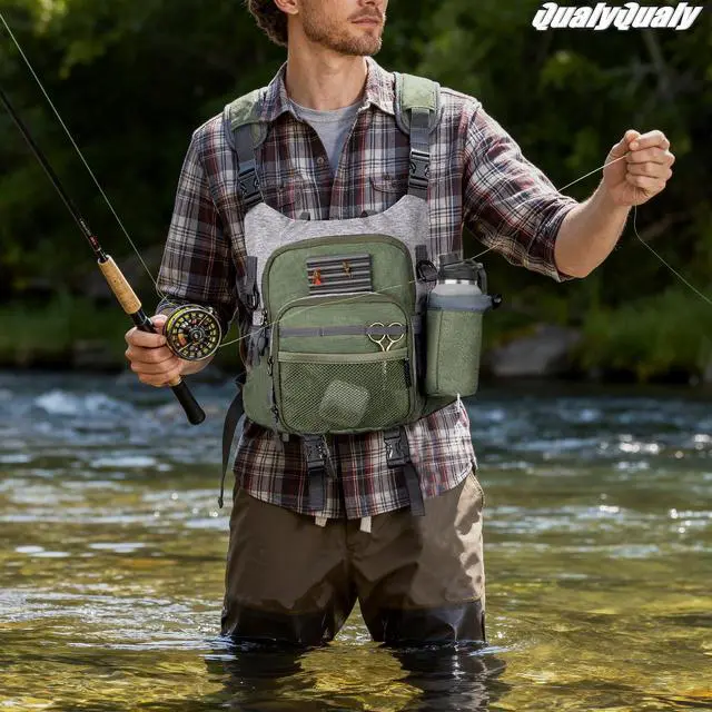 Alt view image 6 of 7 - QulayQualy Fly Fishing Pack - Chest Pack with Work Station Lightweight Tackle Fishing Bag with Quick-Release (Green, L-12'' w/Cup Sleeve)