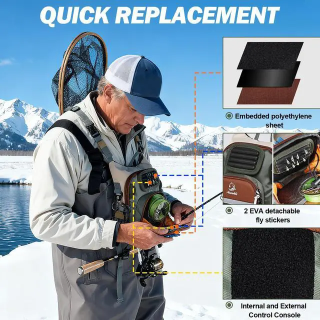 Alt view image 2 of 7 - Fly Fishing Chest Pack,Outdoor Waterproof fishing Tackle Chest Bag with Multiple Compartments, Small Wade fishing,Can accommodate multiple fishing equipment/flying boxes