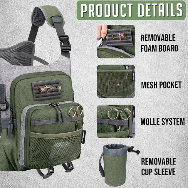 Alt view image 4 of 7 - QulayQualy Fly Fishing Pack - Chest Pack with Work Station Lightweight Tackle Fishing Bag with Quick-Release (Green, L-12'' w/Cup Sleeve)